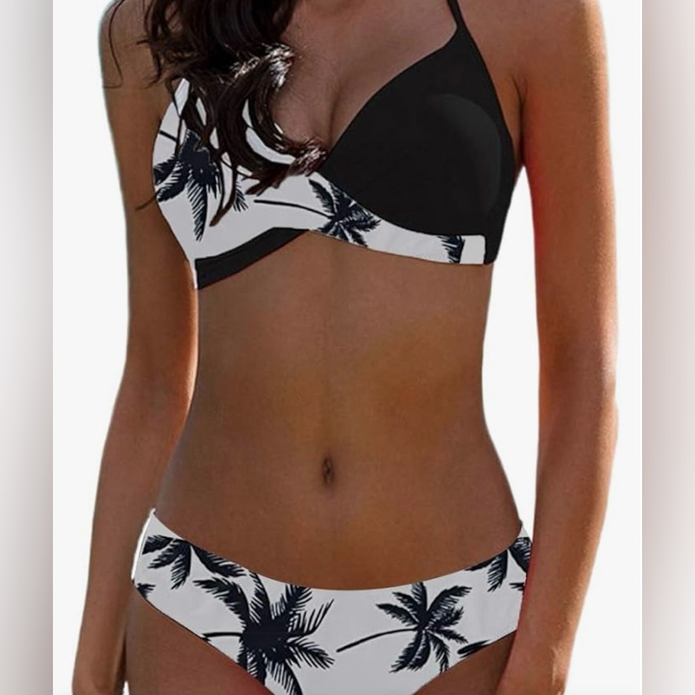 NWT Black and White Bikini with Tropical Print